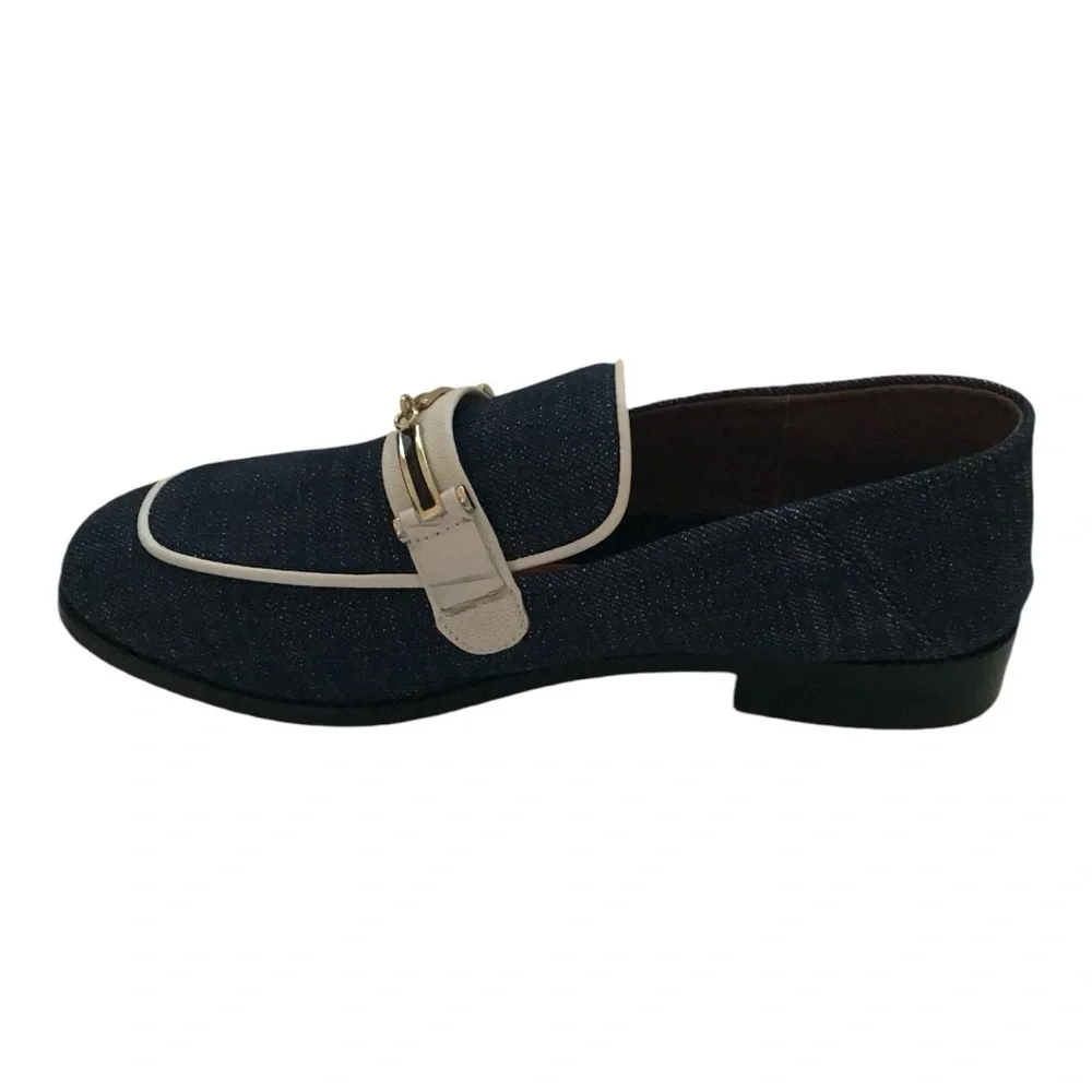 Newbark Melanie White Leather Trimmed Dark Navy Denim Loafers Size 7